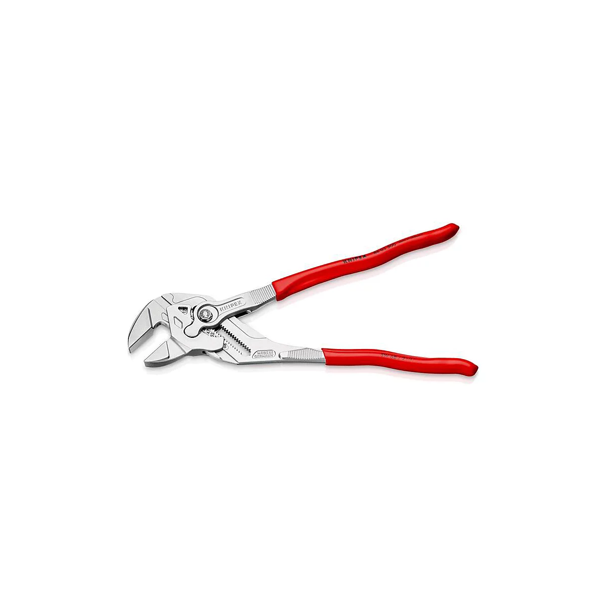 Une pince multiprise chromée avec des poignées rouges est posée sur un fond blanc. "KNIPEX" est gravé sur le métal.