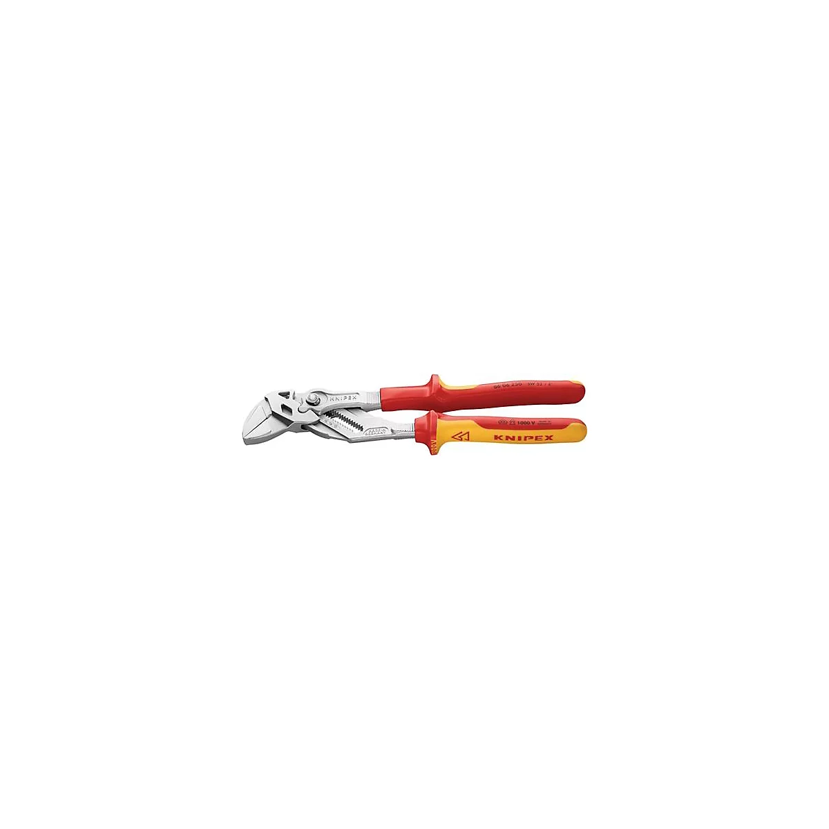 Pince avec poignées rouges et jaunes. Inscription KNIPEX. Gros plan de l'outil.