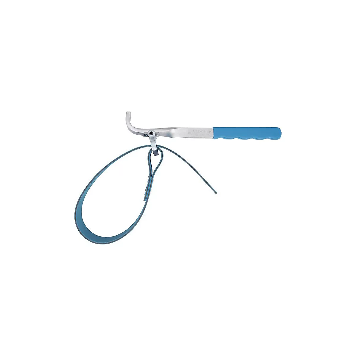 Un outil avec une poignée bleue et une boucle maintenue par un mécanisme métallique.