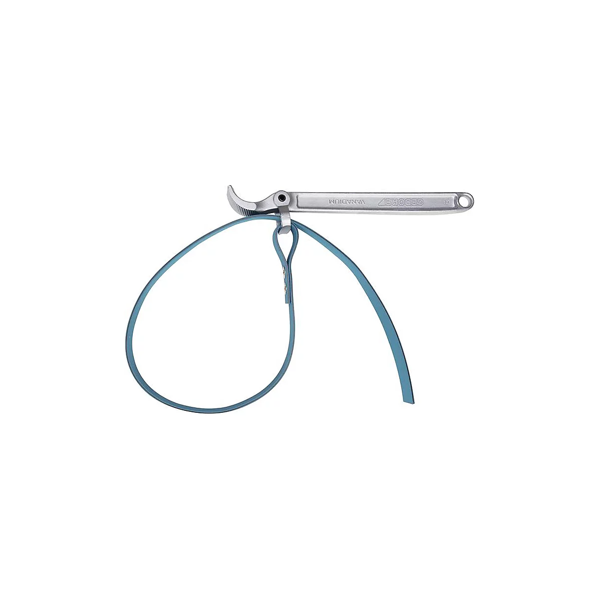 Une clé à filtre à huile argentée avec une sangle bleue. La clé est marquée "VANADIUM" et "STROTECH".