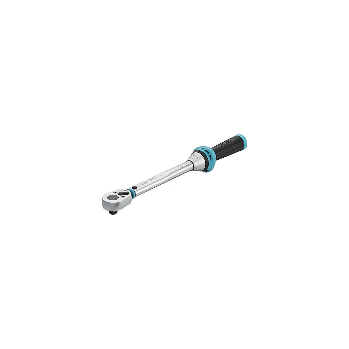 Clé dynamométrique. Métallique, avec poignée noire et éléments turquoise.