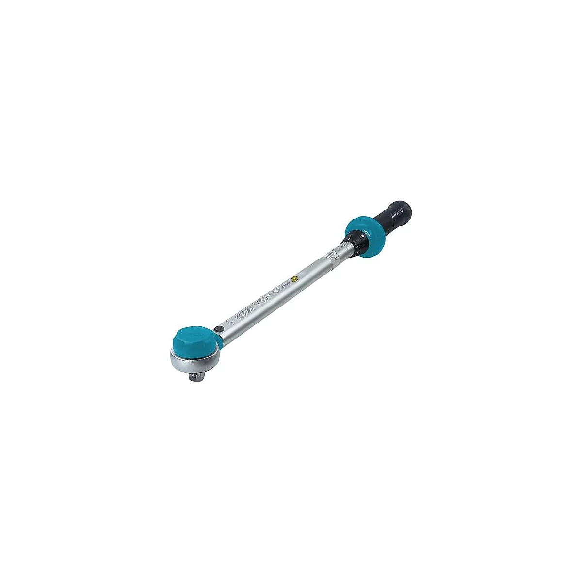 Une clé dynamométrique, argentée avec des accents turquoise et noirs, est en diagonale dans l'image.