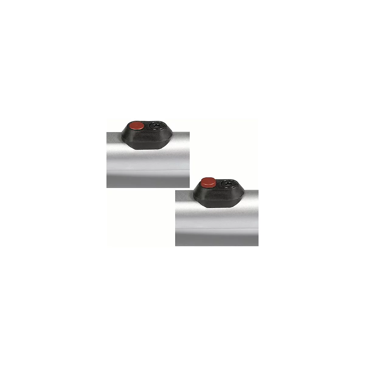 Deux boutons noirs avec des boutons rouges et des vis sur un support argenté.