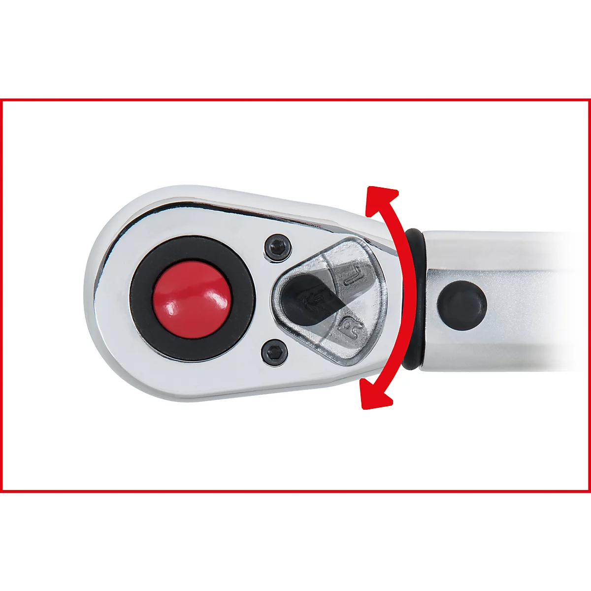 Gros plan d'une clé dynamométrique. Bouton rouge et interrupteur. Les flèches rouges indiquent le sens de rotation.