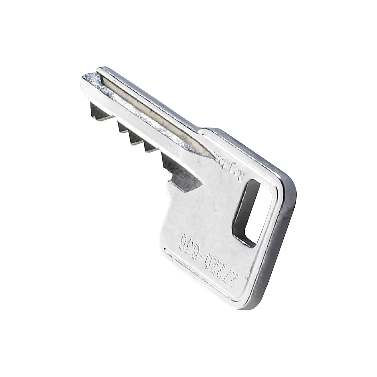 Clé argentée avec une lame dentelée et un trou. Le numéro '27230-038' est gravé sur la clé.