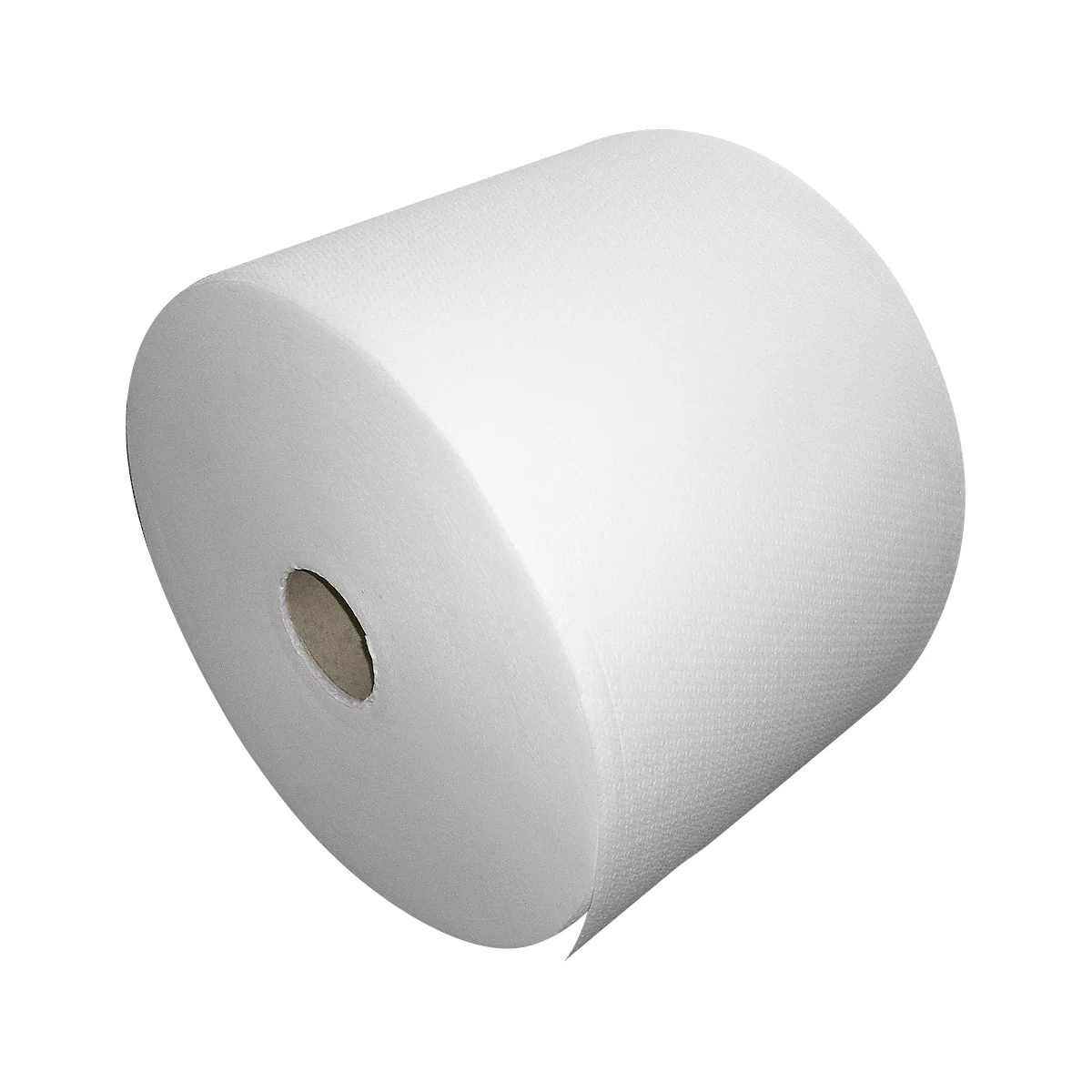 White paper towel roll, rolled up, with visible texture.