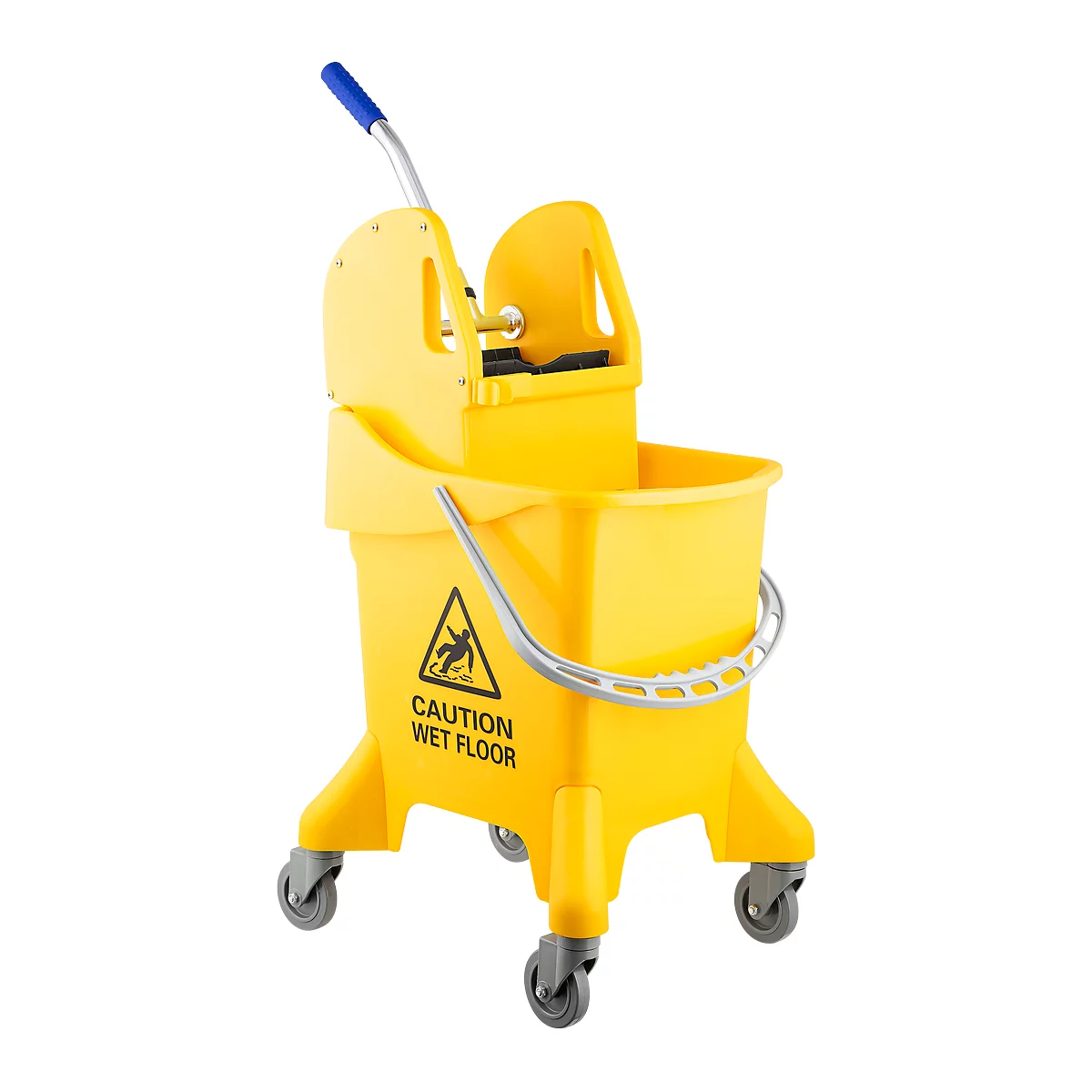 Yellow mop bucket with wheels and warning sign. Blue handle and metal handle. Text: Caution, wet floor.