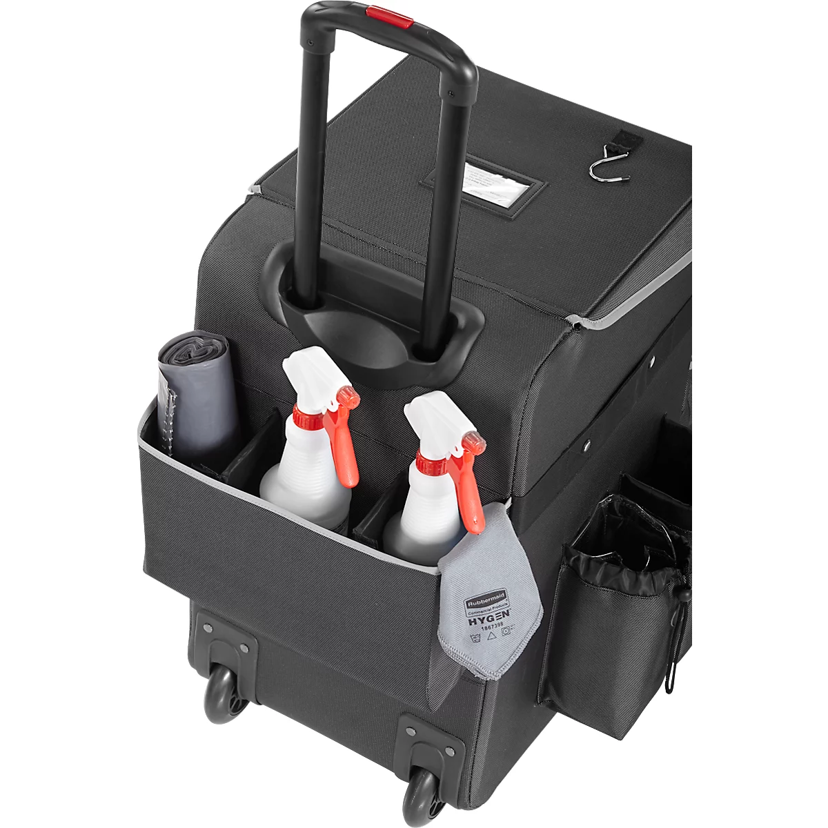 Black cleaning cart with spray bottles, wheels and handle.