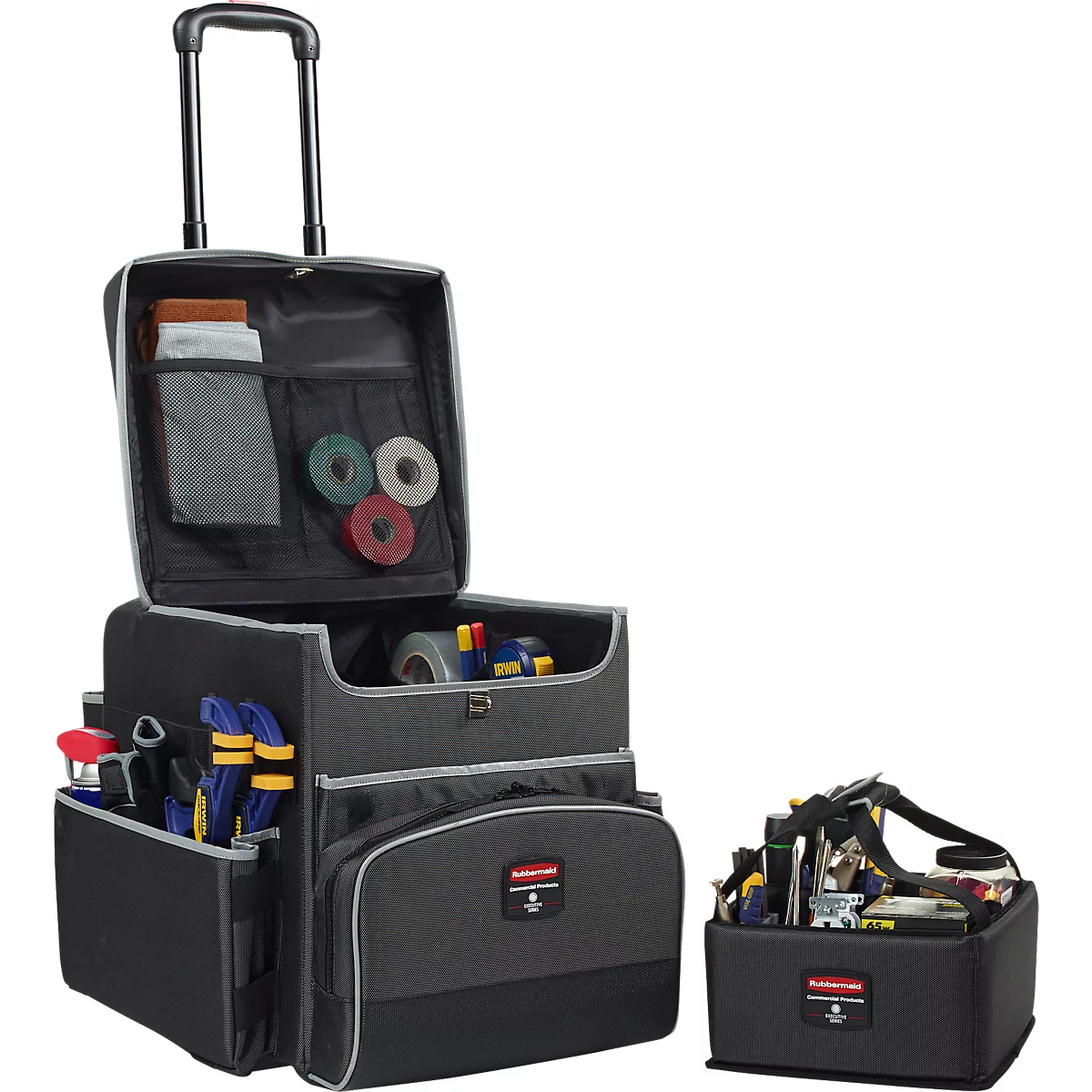 Black toolbox with wheels and telescopic handle. Open compartments, filled with tools, tape, and accessories. A separate toolbox next to it.