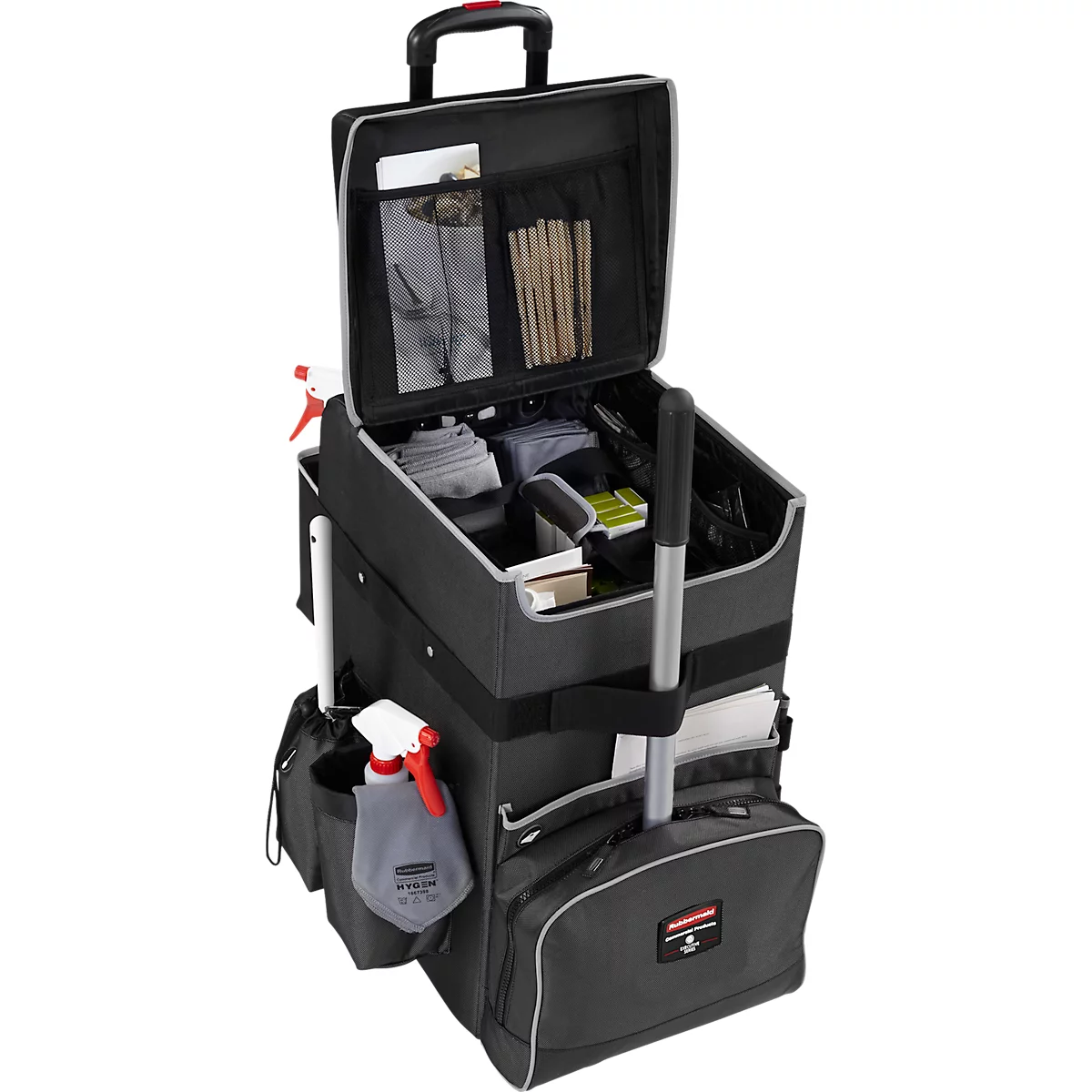 Open black cleaning cart filled with cleaning supplies and accessories. Bottles with spray nozzles on the side.