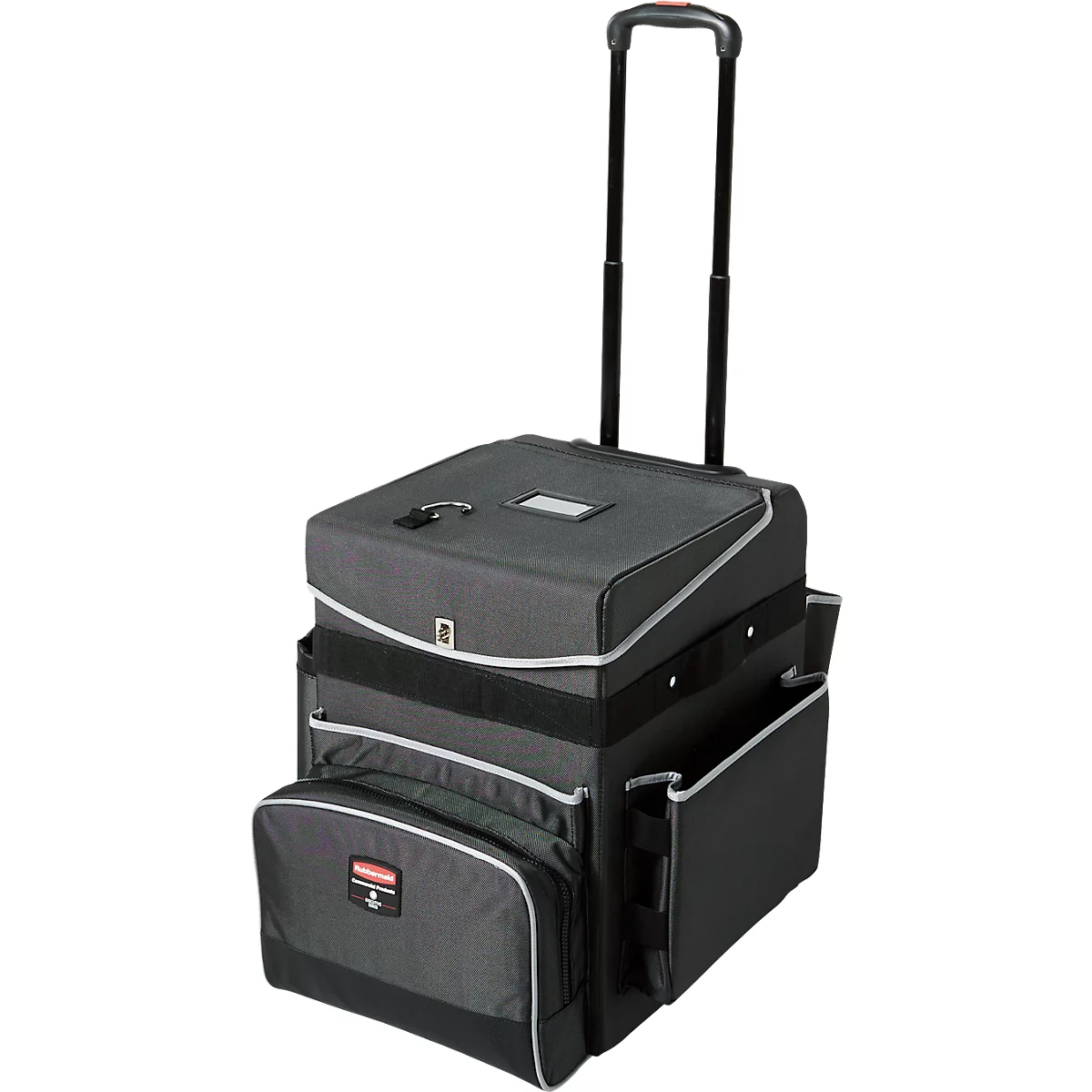 Black rolling suitcase with extendable handle. Multiple compartments, silver trim.