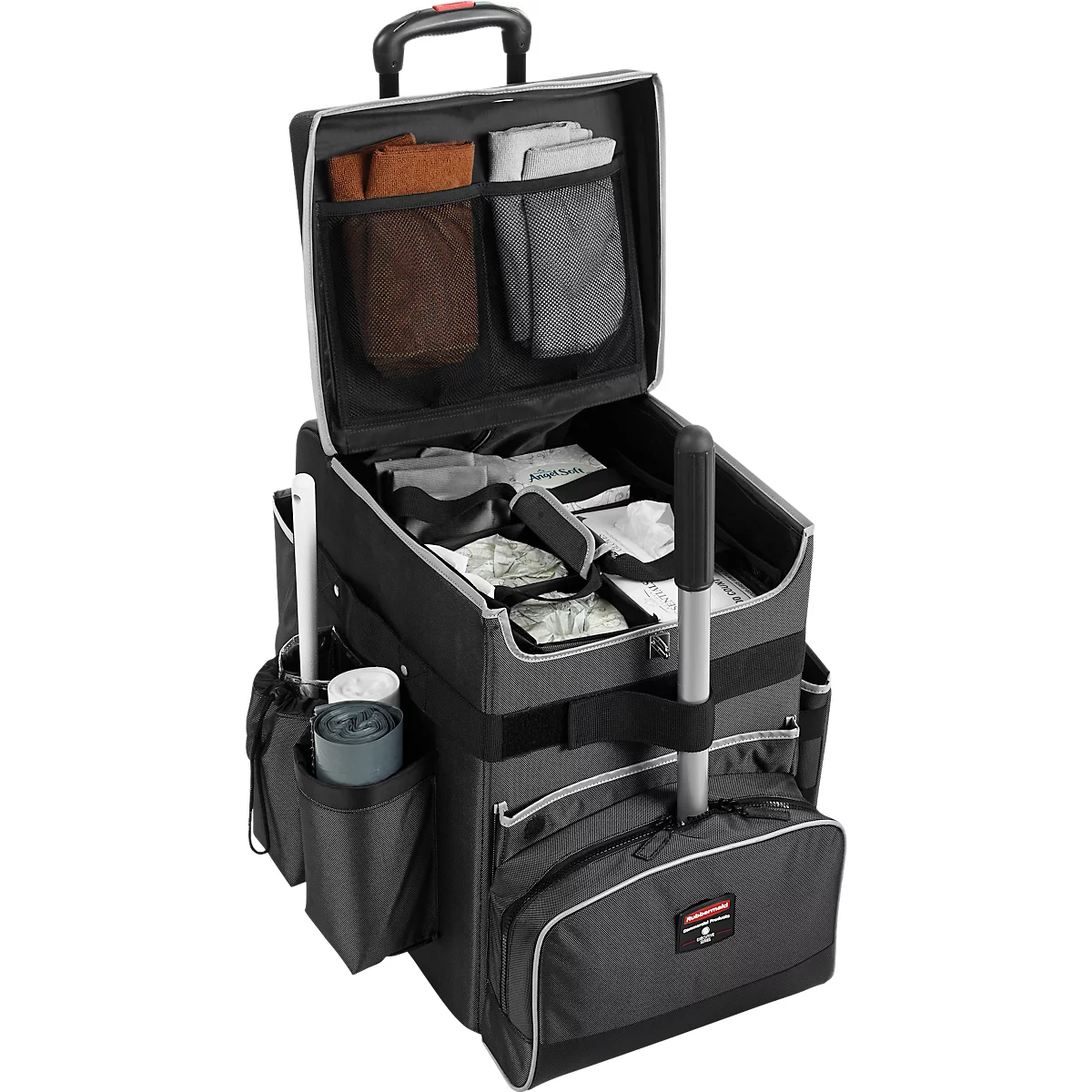 Black rolling tool case, open, with compartments and accessories. The case shows an extendable pole and a handle.