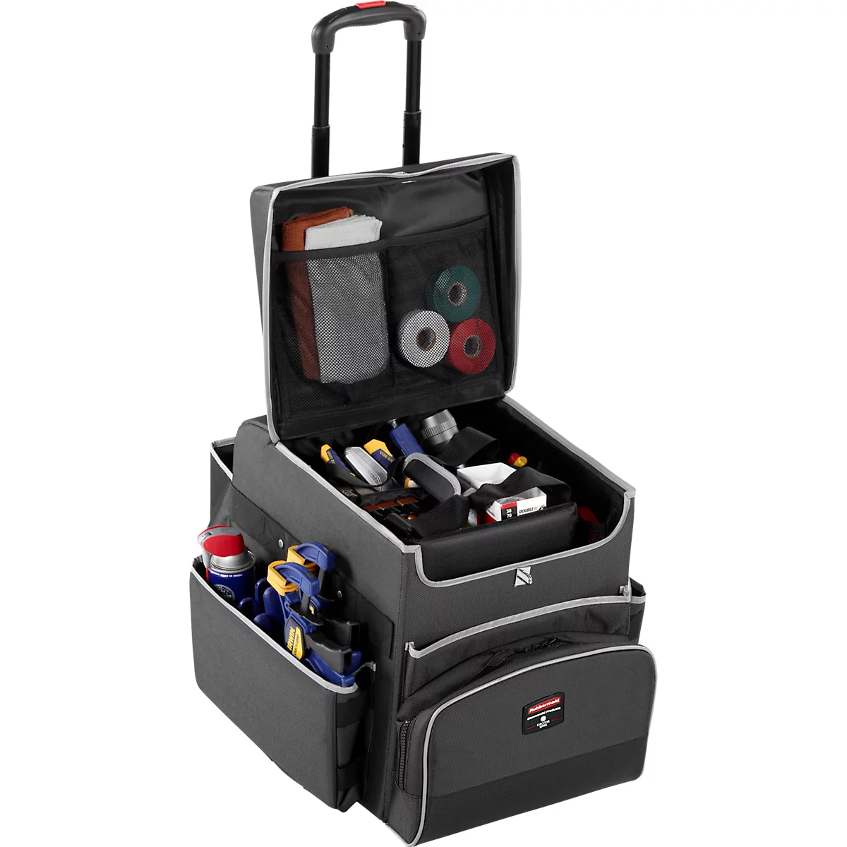 Black tool bag with telescopic handle, filled with tools and accessories.