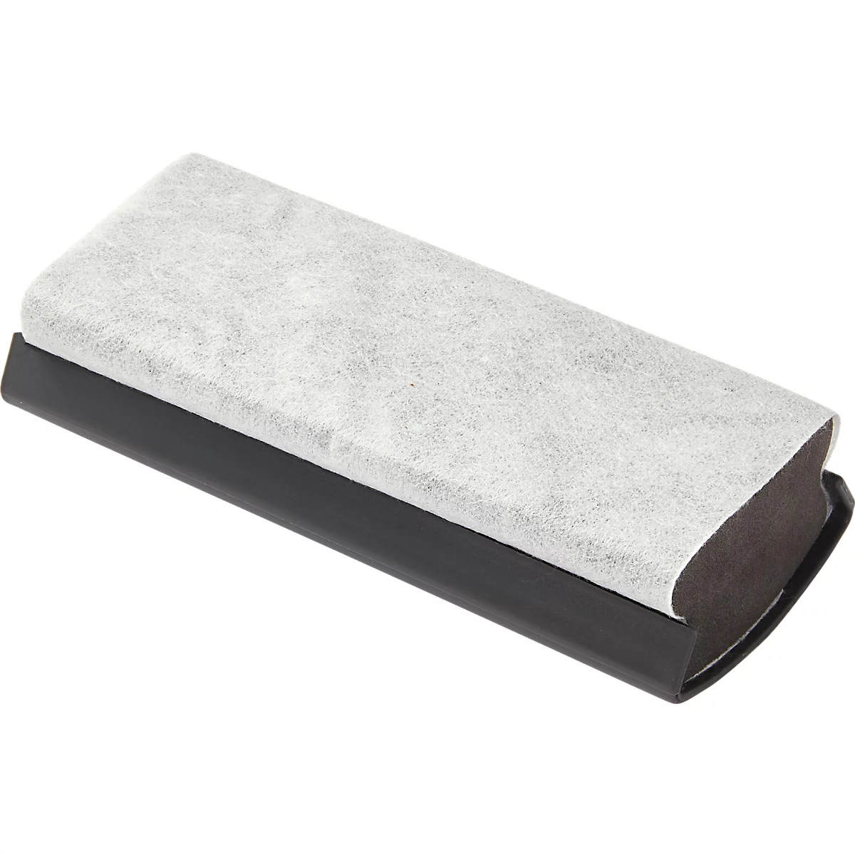 A rectangular whiteboard eraser, consisting mainly of a black plastic housing and a gray-white cleaning pad.