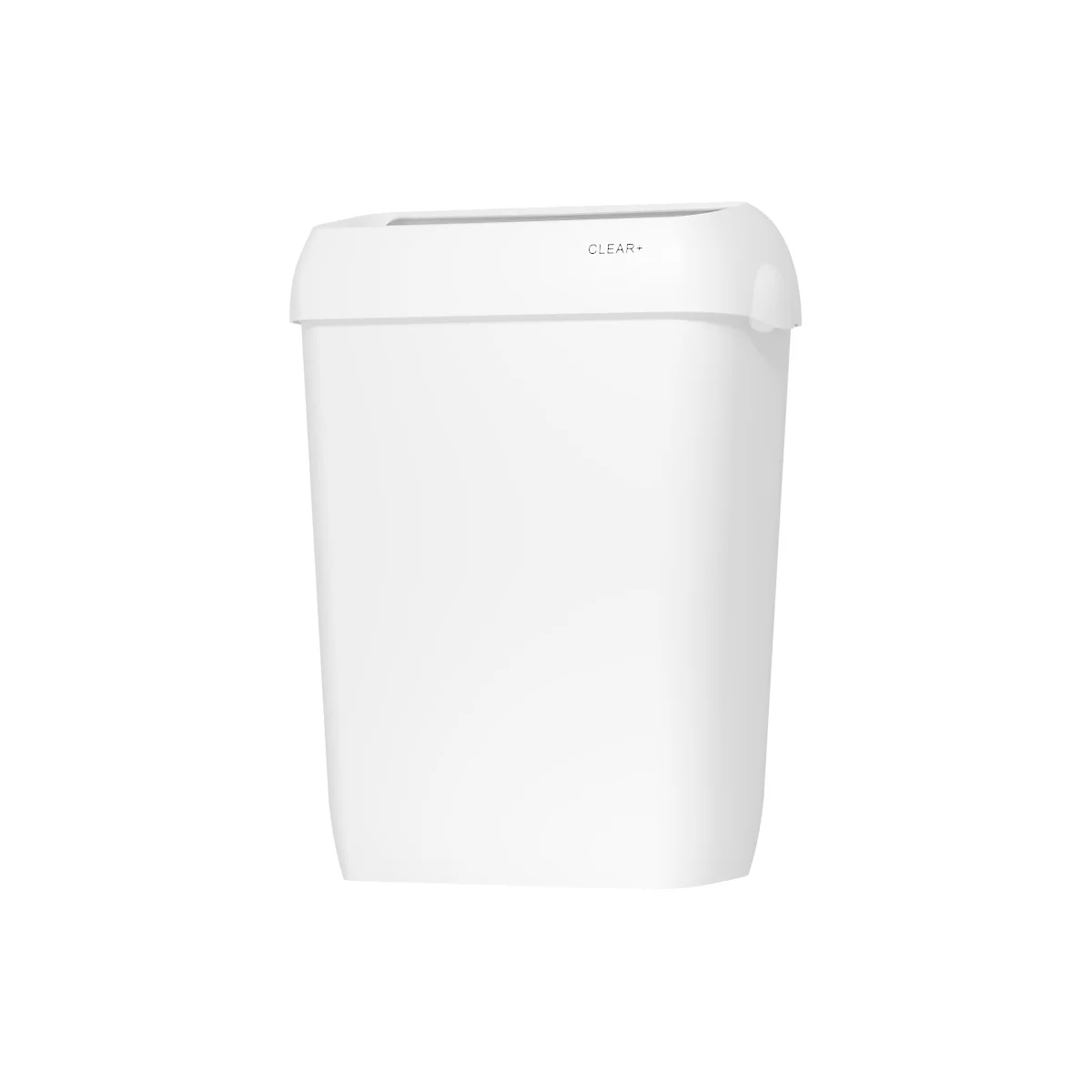 Ein weisser, minimalistischer Abfalleimer mit Schwingdeckel und dem Aufdruck CLEAR+ am oberen Rand.