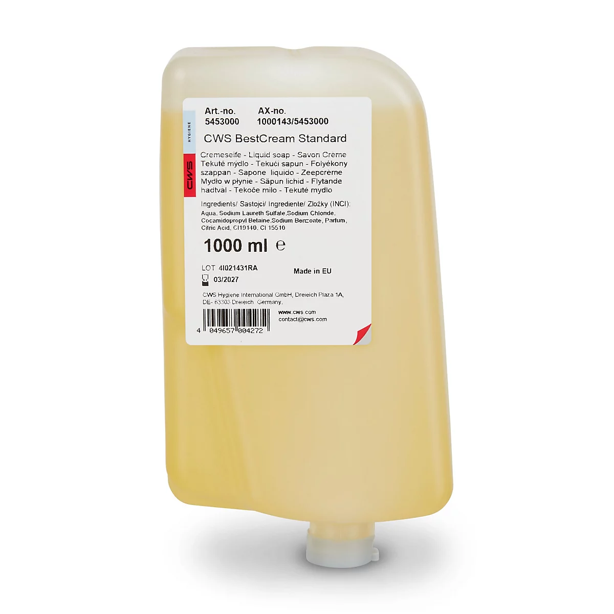 Cartouche de recharge avec 1000 ml de savon liquide beige CWS BestCream sur fond blanc.