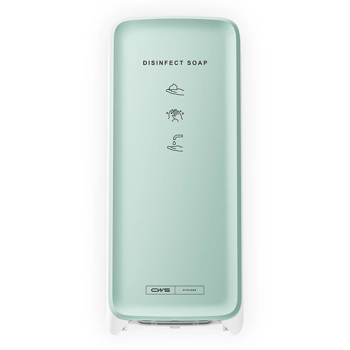 Mintgrüner CWS Seifenspender mit Anleitungssymbolen und Aufschrift DISINFECT SOAP auf weissem Hintergrund.