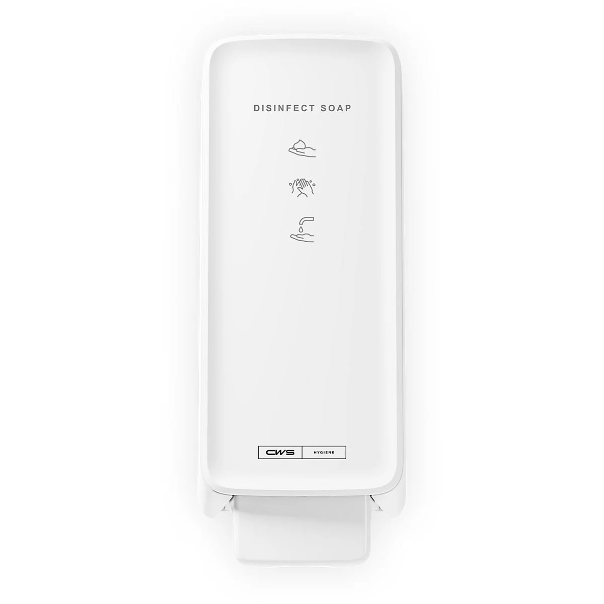 Weisser CWS Seifenspender mit dem Aufdruck DISINFECT SOAP und Piktogrammen zur Anwendung vor neutralem Hintergrund.