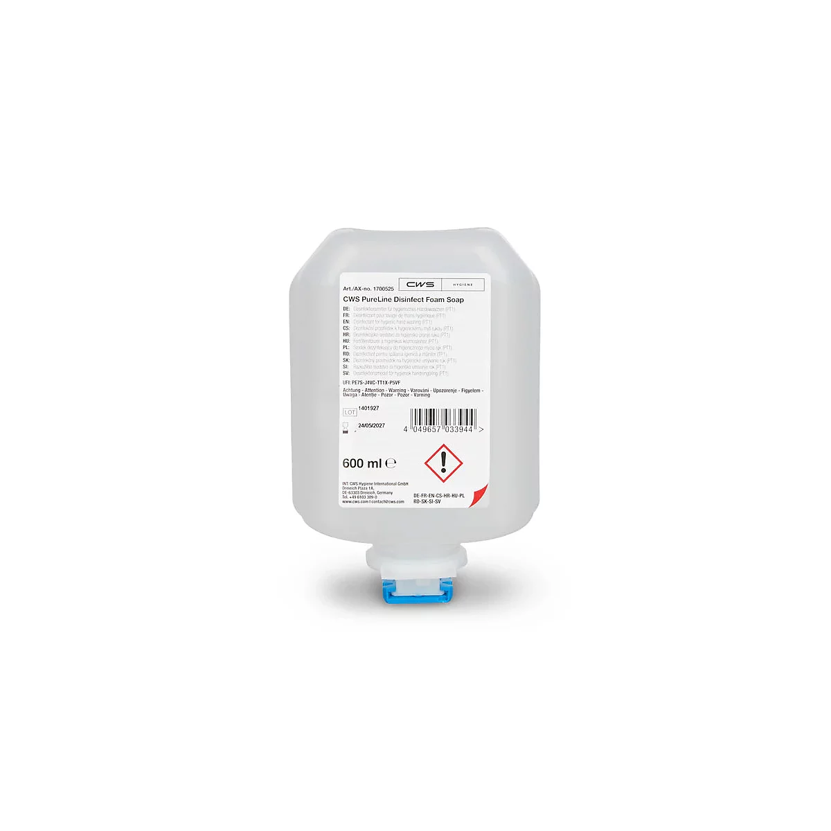 Transparente 600 ml Nachfüllflasche CWS PureLine Desinfektionsschaumseife vor weissem Hintergrund.