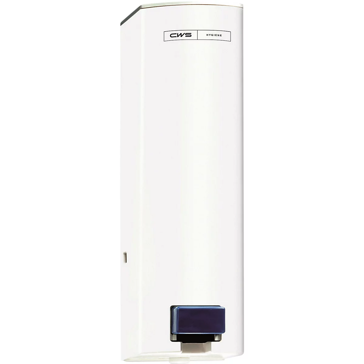 Distributeur de savon CWS blanc avec bouton-poussoir bleu sur fond neutre.