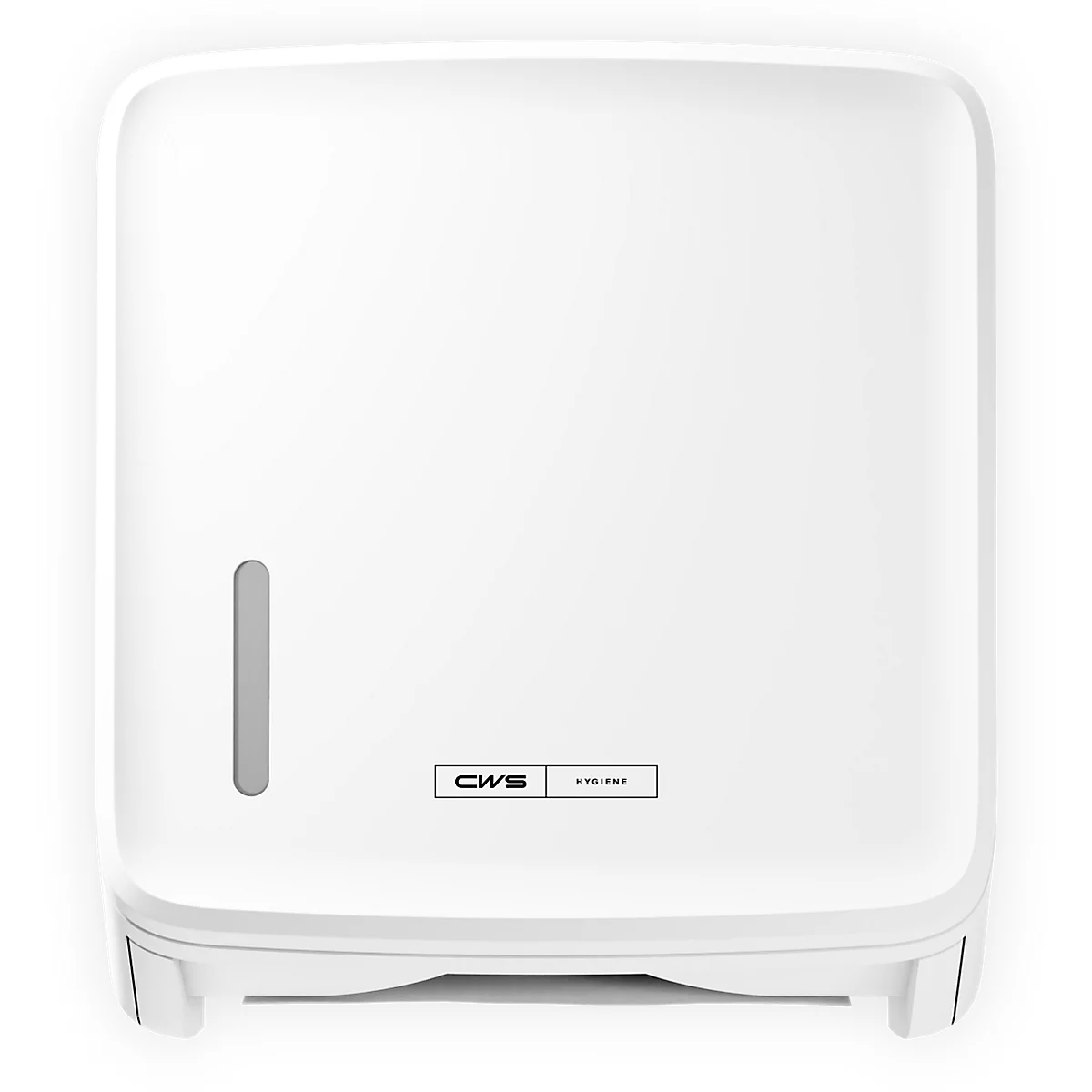Weisser CWS Papiertuchspender mit Sichtfenster und Markenlogo auf neutralem Hintergrund.
