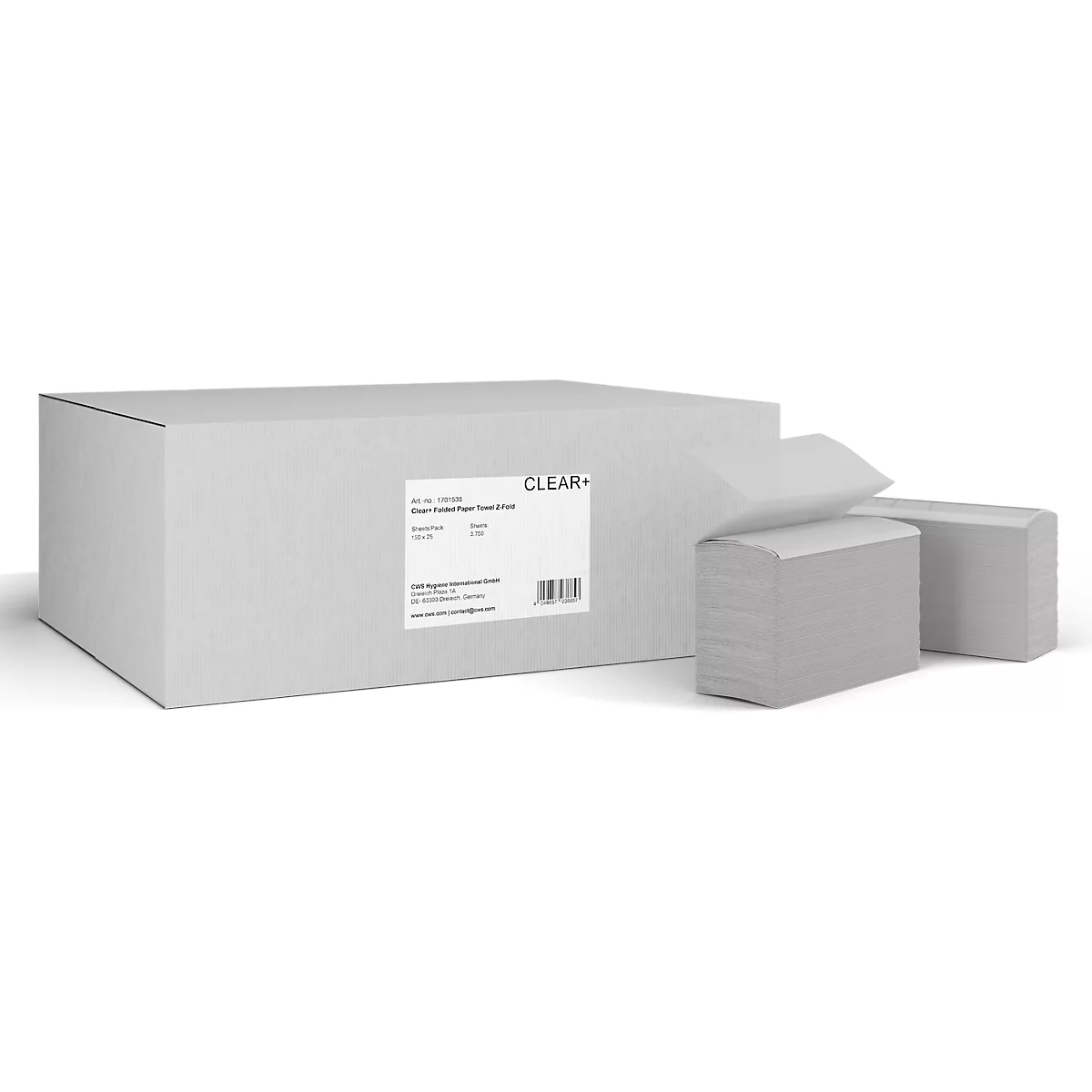 Grauer Karton mit gefalteten Papierhandtüchern der Marke CLEAR+ und einem weissen Produktetikett.