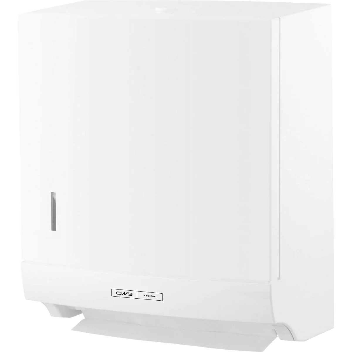 Weisser CWS Handtuchspender zur Wandmontage vor neutralem Hintergrund.