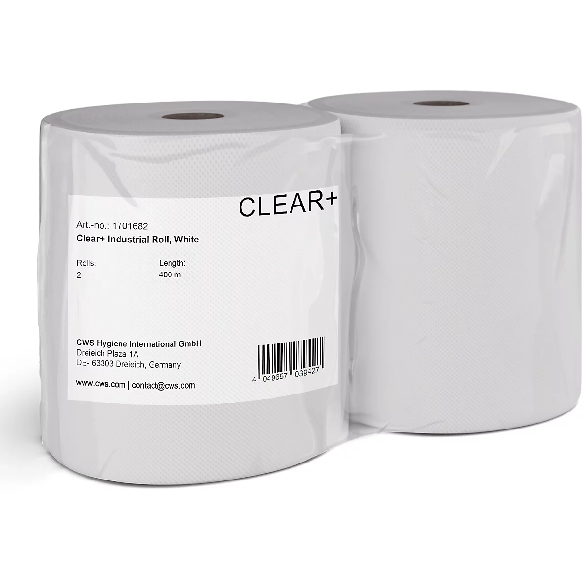 Zwei weisse Industriepapierrollen, in Folie verschweisst, mit Produktetikett CLEAR+.