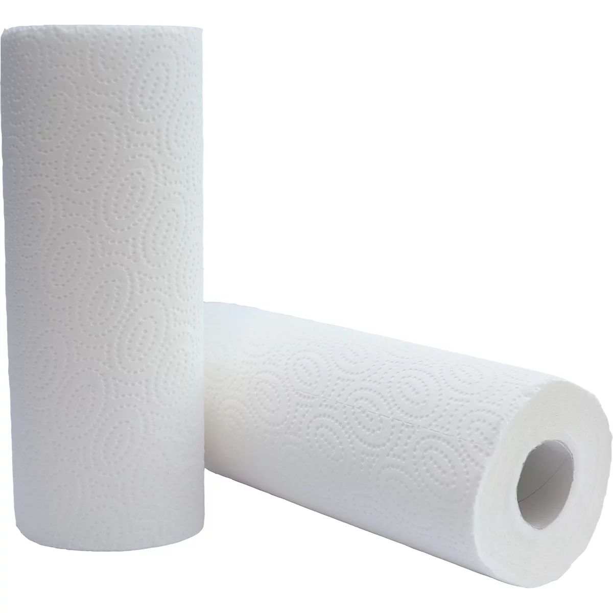 Deux rouleaux d'essuie-tout blancs sur un fond blanc neutre.