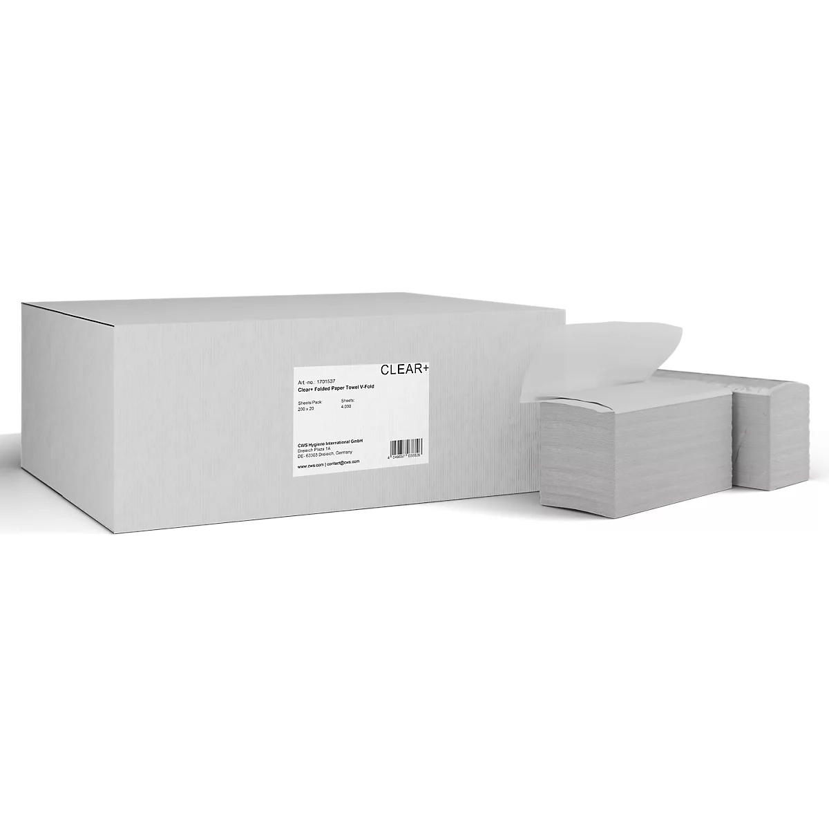 Un carton blanc de serviettes en papier pliées avec une serviette qui dépasse, sur fond blanc.