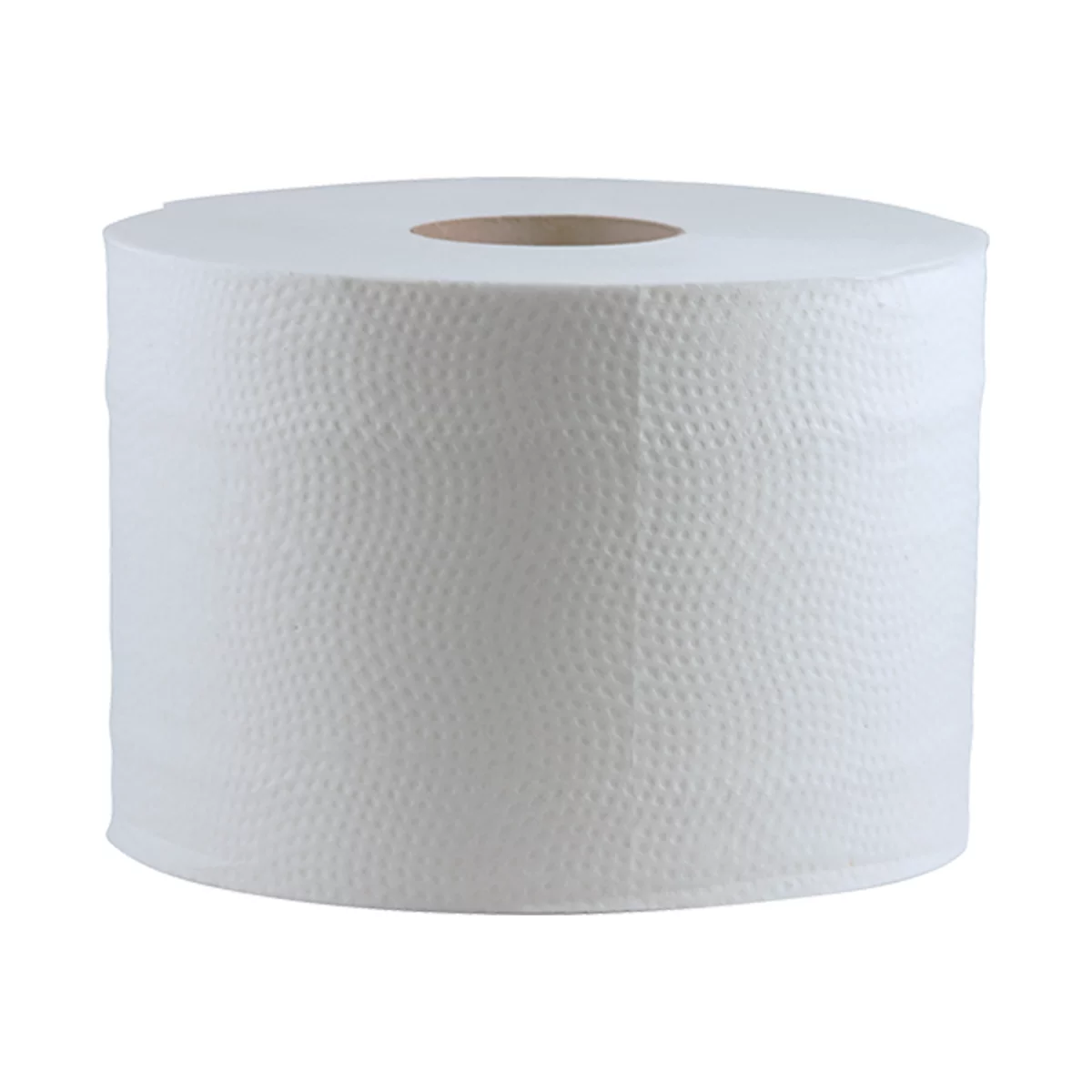 Rouleau de papier toilette blanc sur fond blanc avec un motif ondulé en relief.