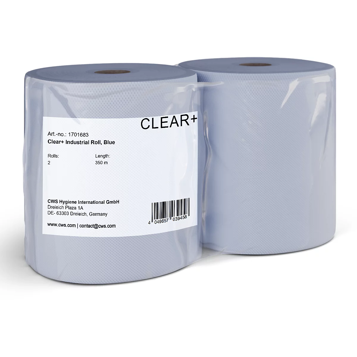 Deux rouleaux de papier industriel bleu, emballés dans un film transparent, avec une étiquette produit.