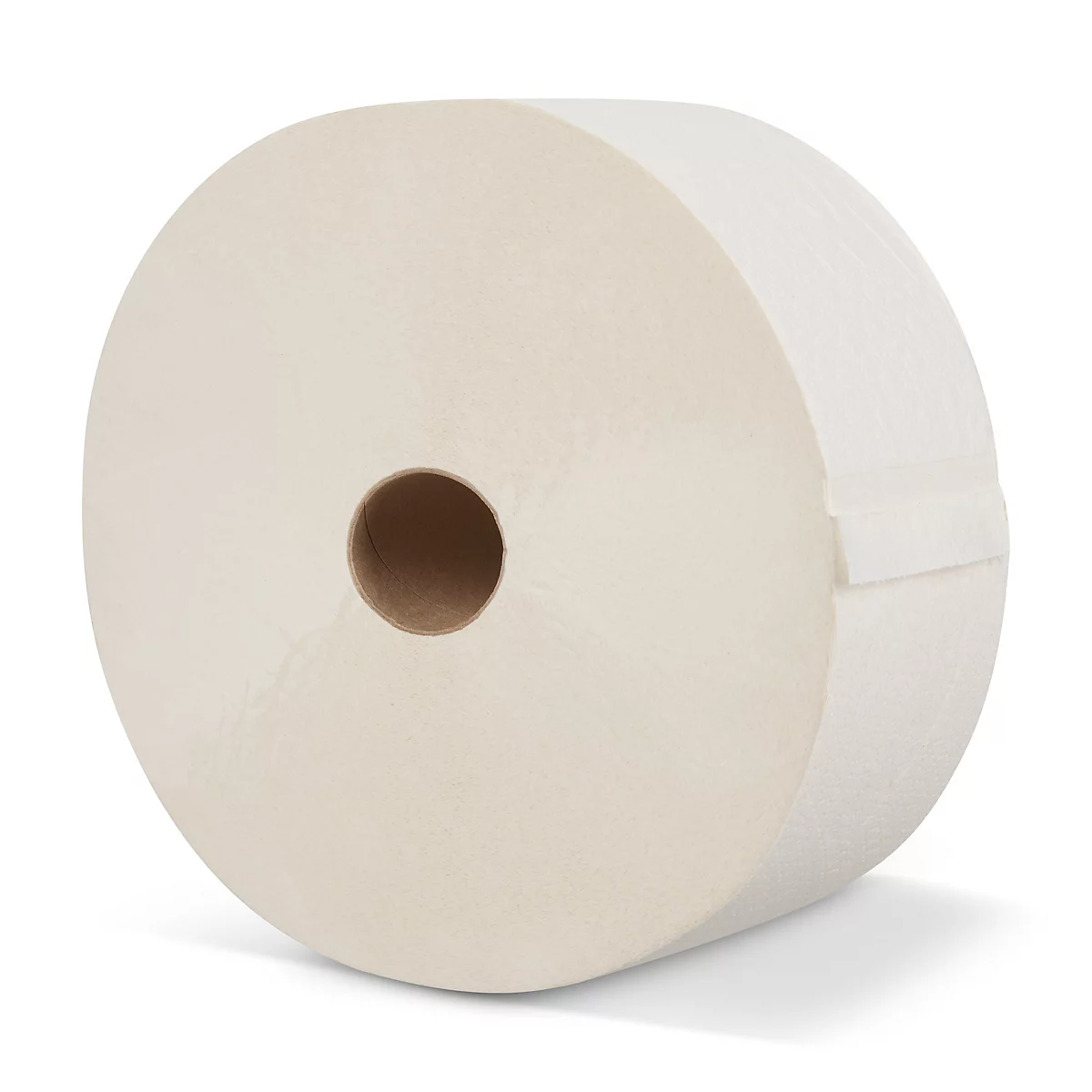 Eine grosse, cremefarbene Rolle Toilettenpapier vor weissem Hintergrund.