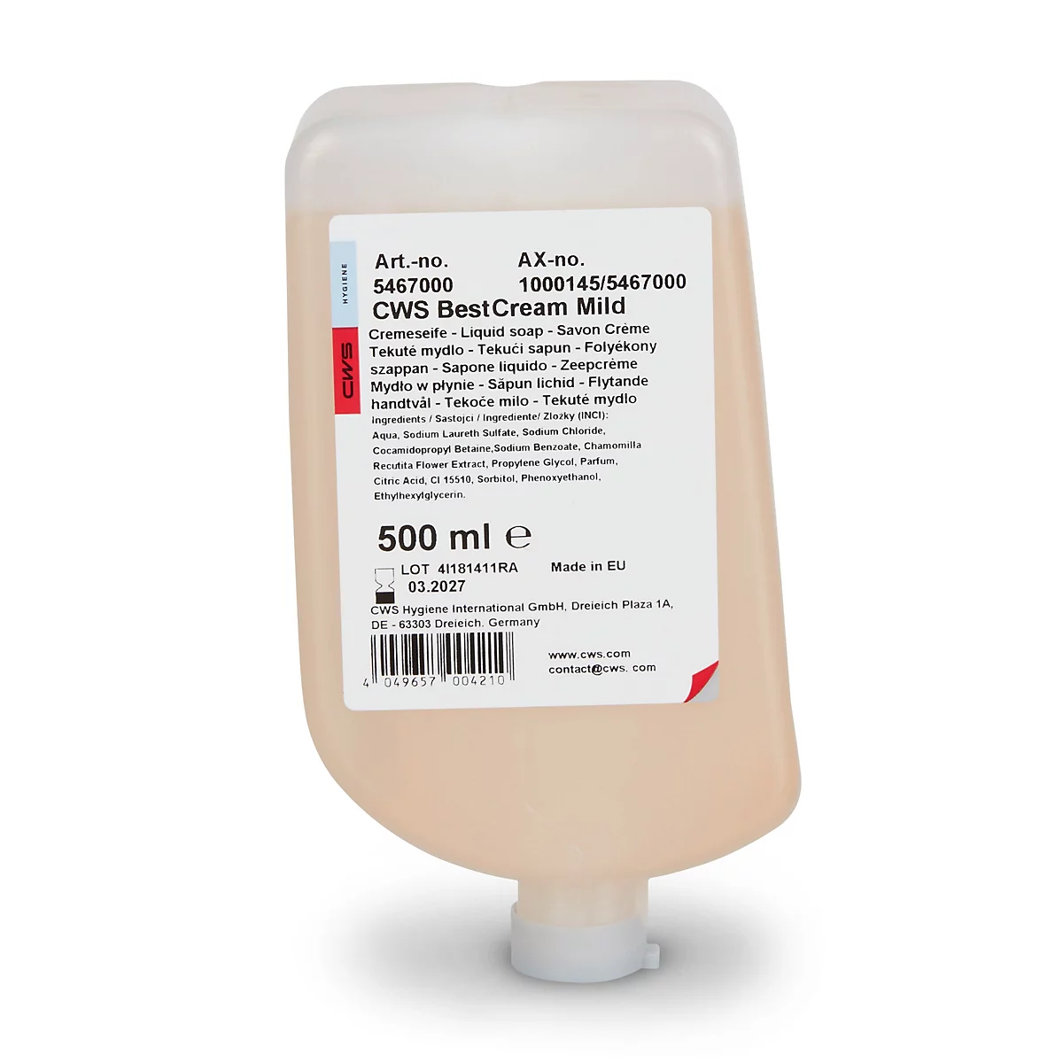 Nachfüllbeutel mit CWS BestCream Mild Flüssigseife, 500 ml, auf weissem Hintergrund.
