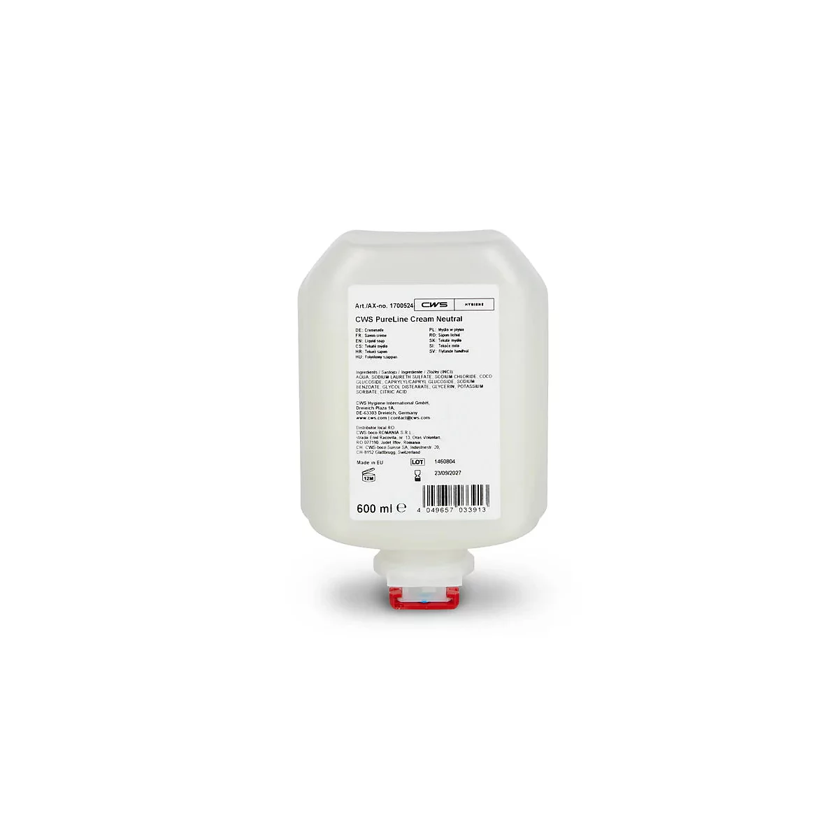 Halbtransparenter Nachfüllbeutel mit CWS PureLine Cream Neutral Seife und Produktetikett vor weissem Hintergrund.