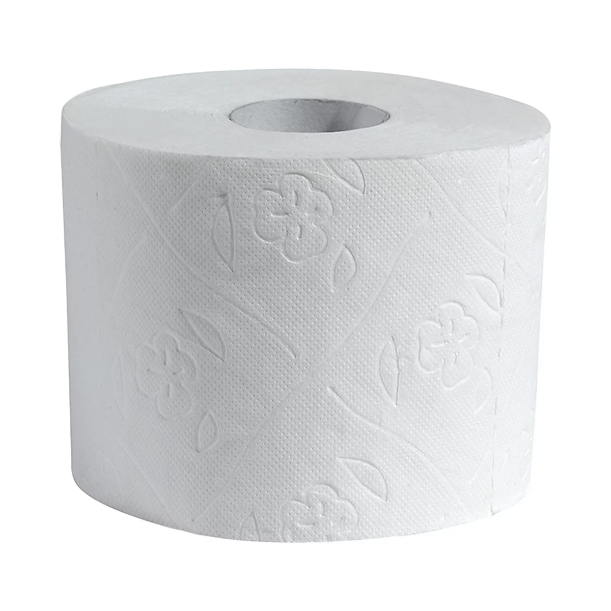 Weisse Toilettenpapierrolle mit eingeprägtem Blumenmuster vor weissem Hintergrund.