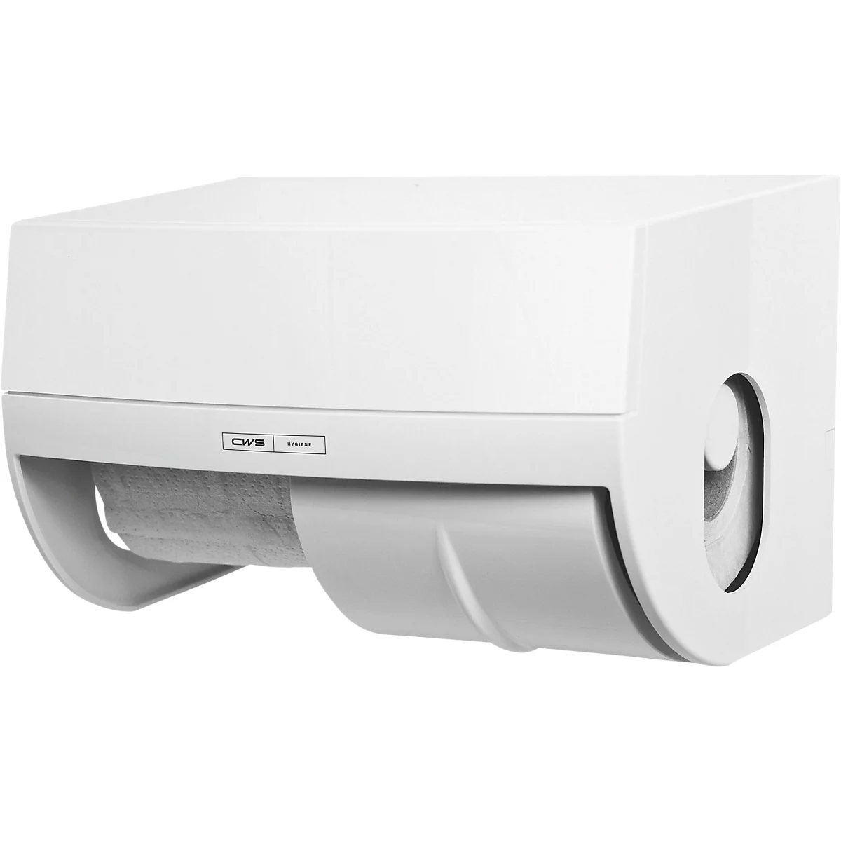 Weisser CWS Toilettenpapier-Spender für eine Rolle vor neutralem Hintergrund.