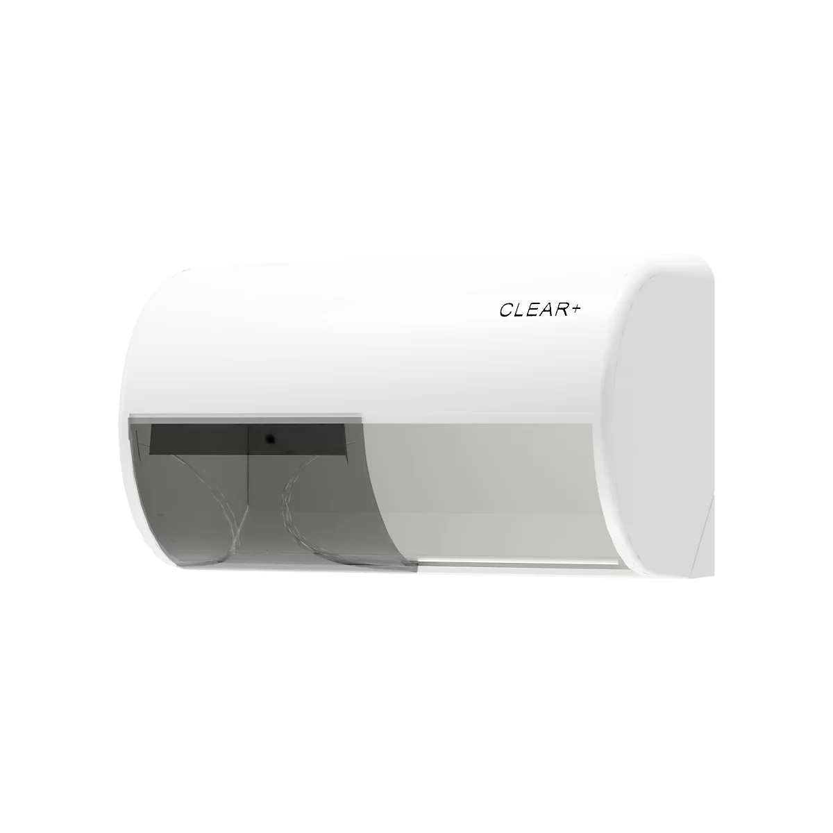 Weisser Papierhandtuchspender mit transparentem Sichtfenster und der Aufschrift CLEAR+.