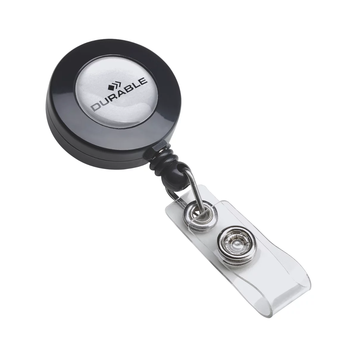 Black ID badge reel with transparent clip. 'DURABLE' is printed on the round part.
