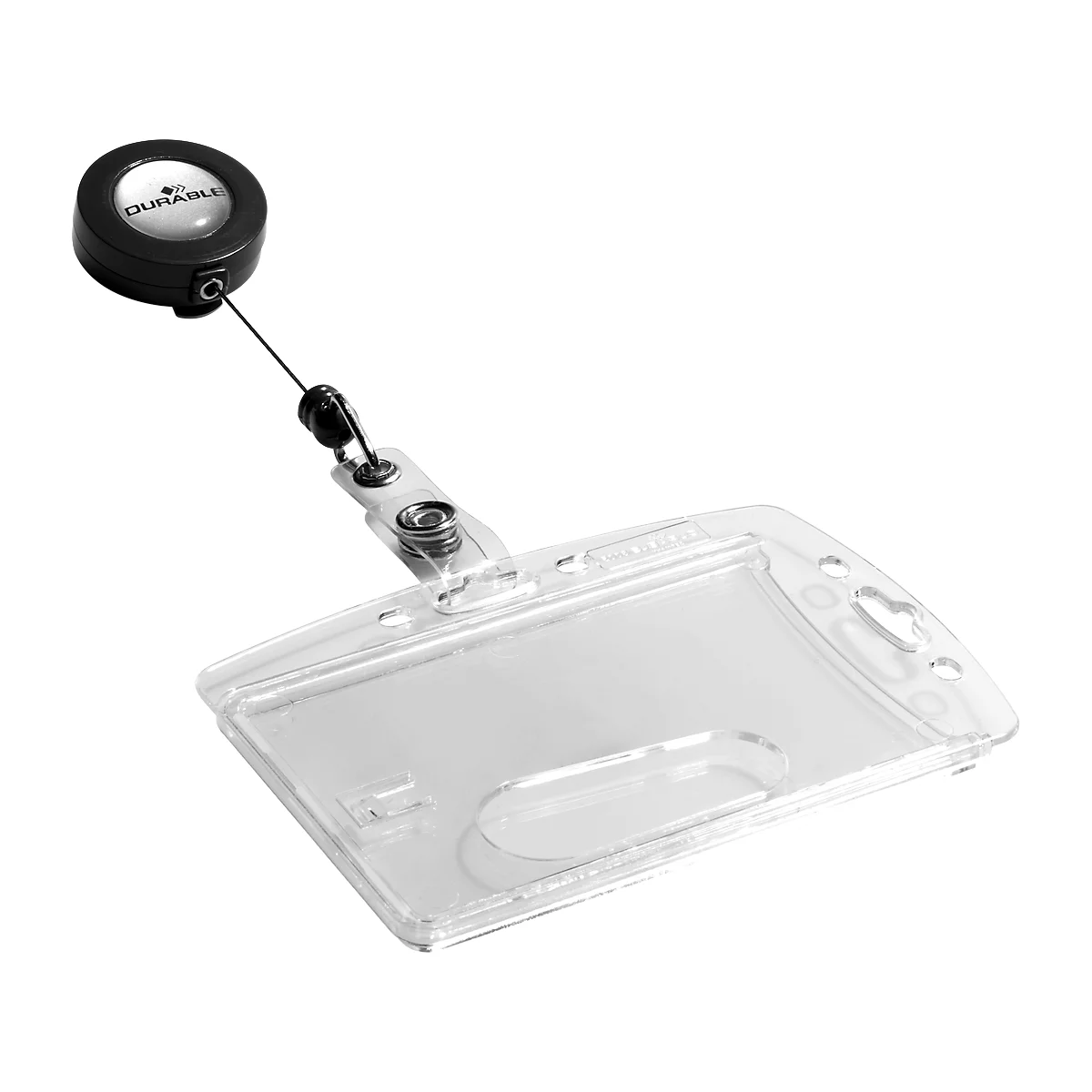 ID card holder with a black, round reel system connected to the clear ID card with a wire.