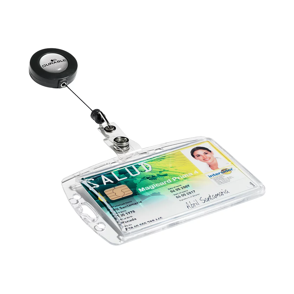 ID card with card holder and roll-up mechanism.