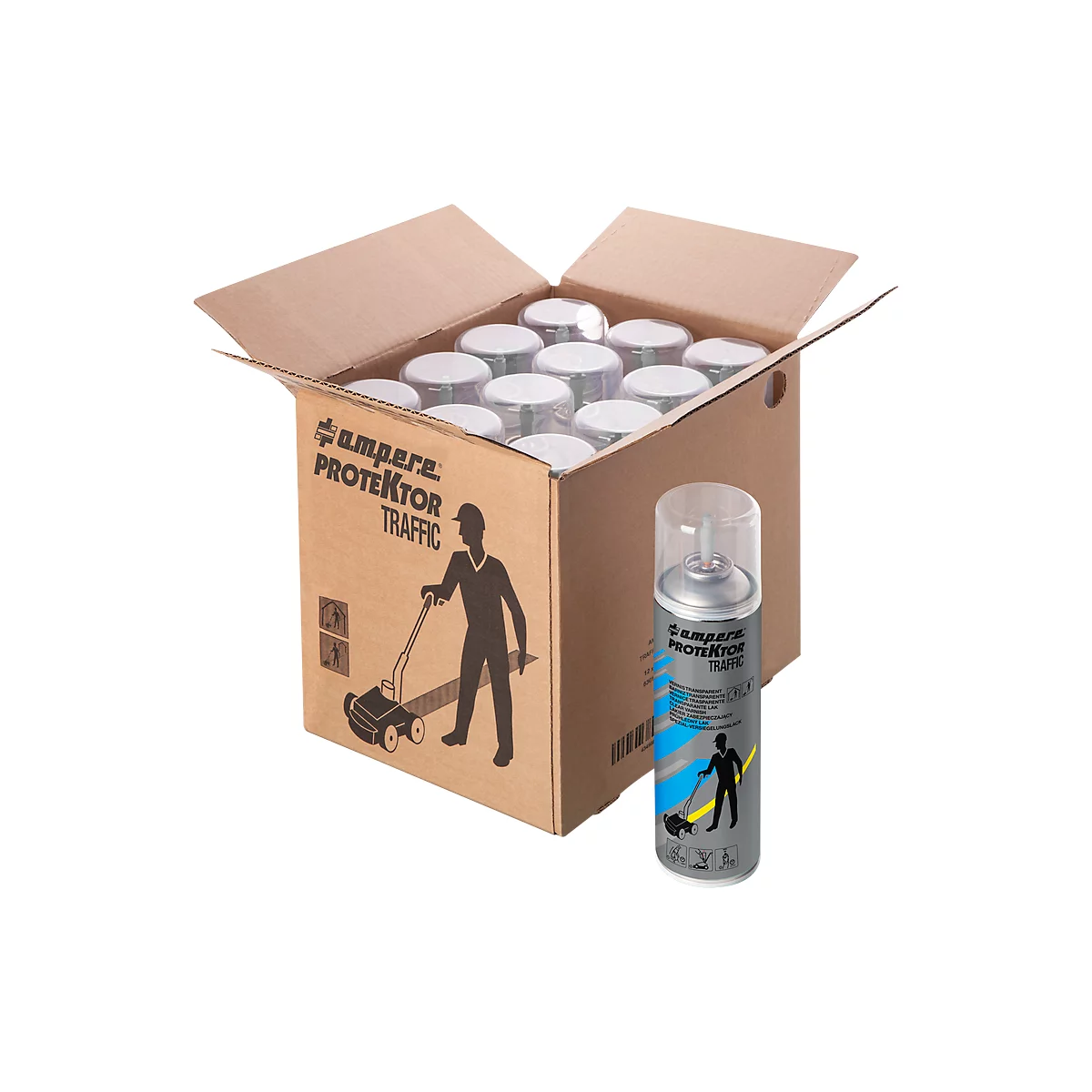 Cardboard box with Ampere Protektor Traffic spray cans. One can stands in front. A person with a lawnmower is depicted on the box.