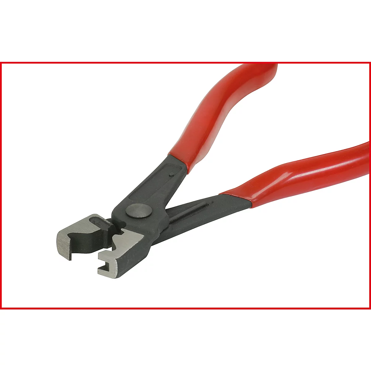 Eine Zange mit roten Griffen und schwarzem Kopf, der zum Greifen und Halten von Objekten verwendet wird.
