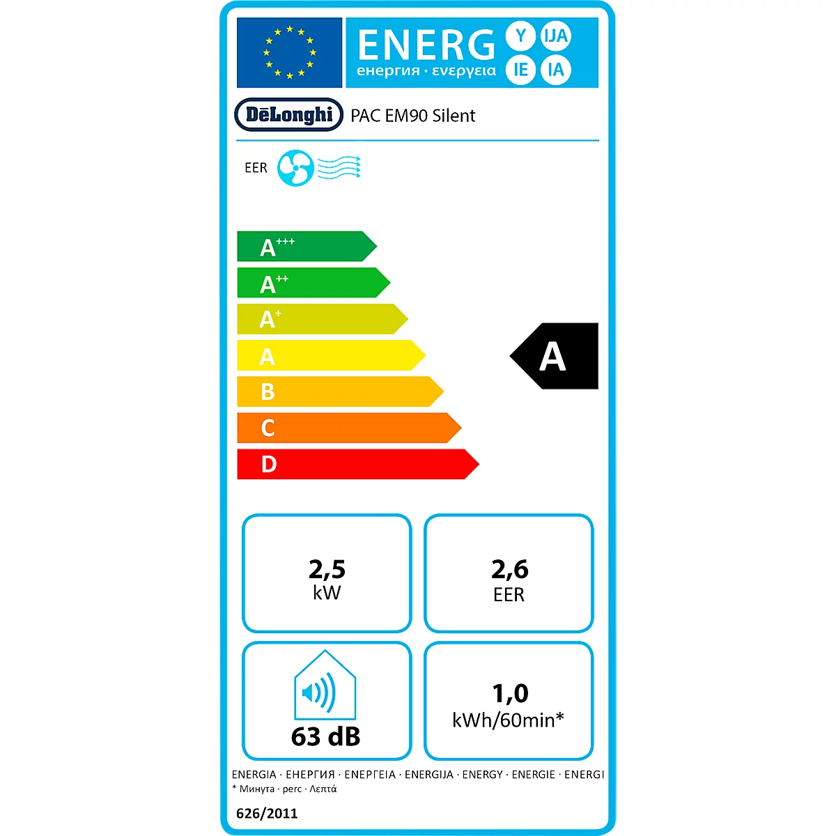 Climatiseur mobile De'Longhi Pinguino PAC EM90 SILENT, système air-air, avec tuyau d'évacuation d'air, jusqu'à 2,5 kW, max. 400 m³/h, pièces jusqu'à 90 m
