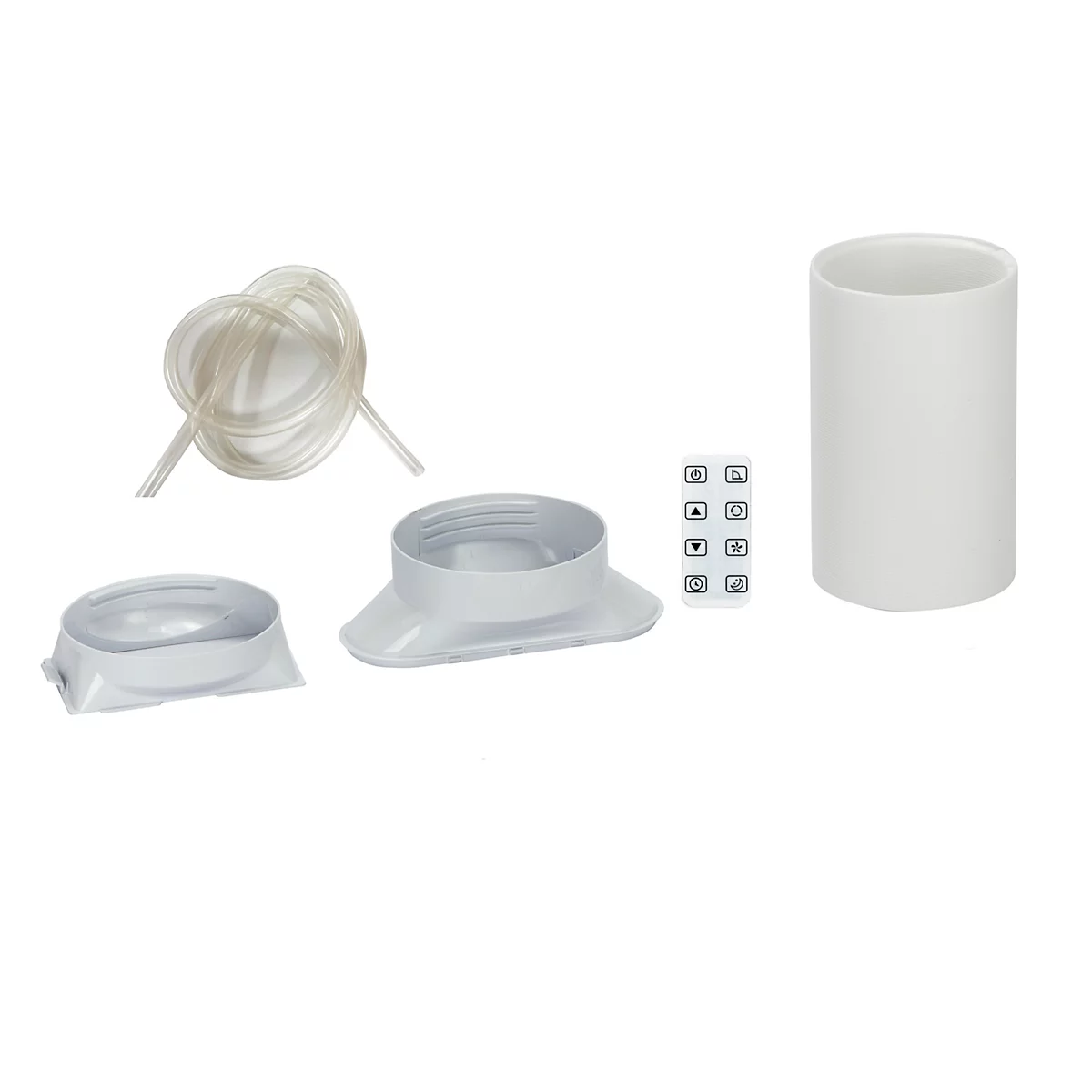 Plusieurs composants de produit blancs sur fond blanc. Comprend des tubes, un cylindre, une télécommande et deux pièces en plastique.