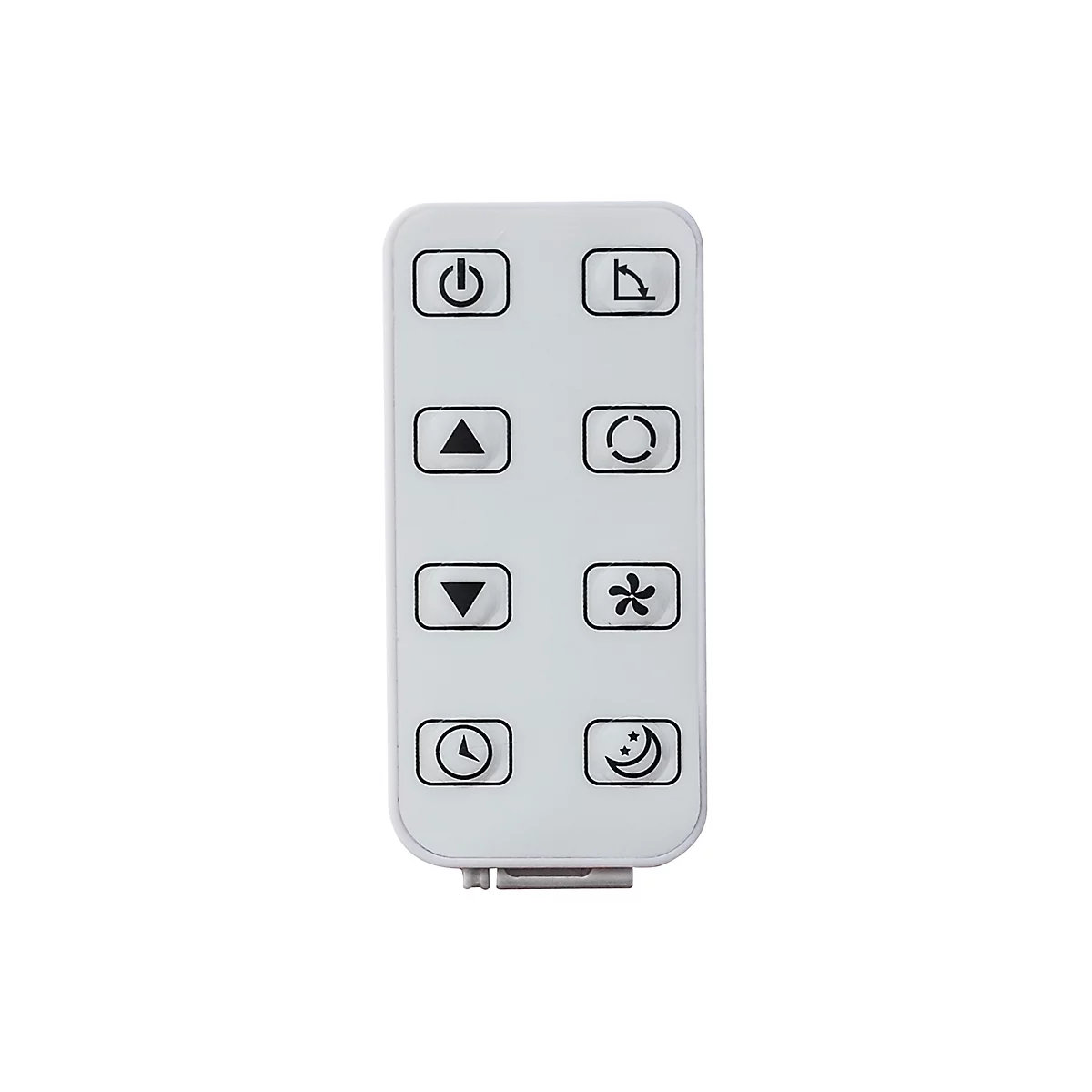 Télécommande blanche avec des symboles tels que marche/arrêt, flèches, horloge et lune. Sur fond blanc.