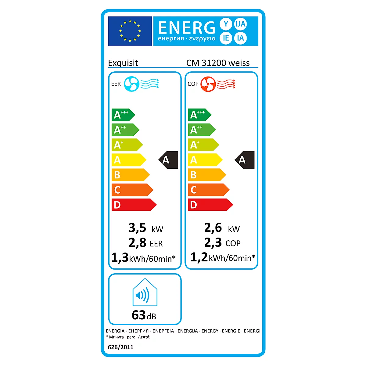 Étiquette énergétique d'un climatiseur Exquisit. Elle affiche les cotes d'efficacité énergétique avec des notes A, ainsi que des données sur la puissance et les niveaux de bruit.