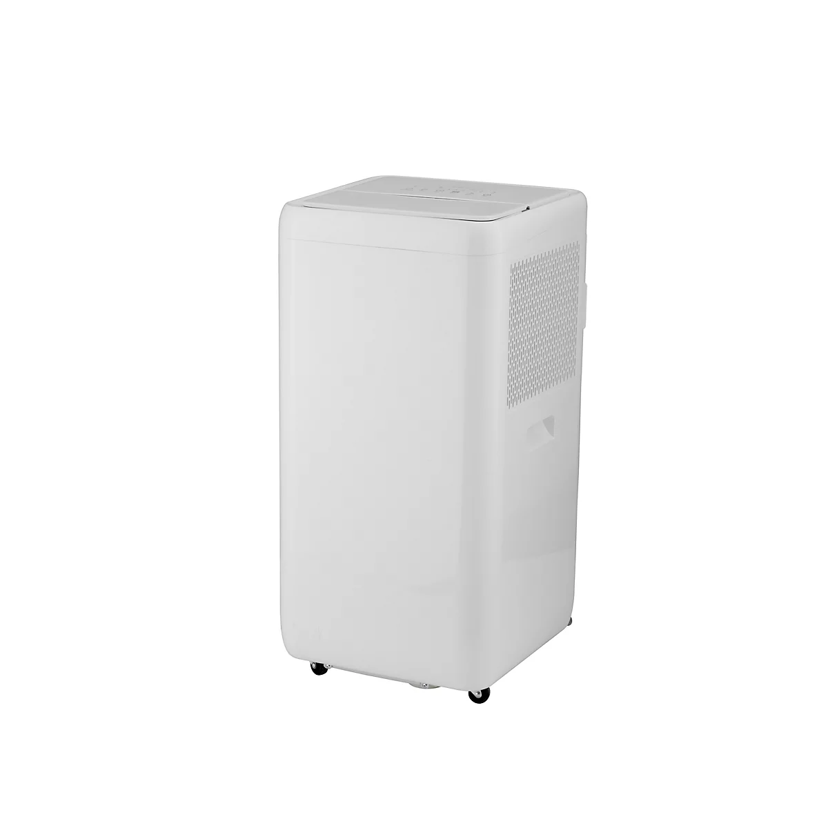 Tour de climatisation blanche et rectangulaire avec roues et fentes d'aération.