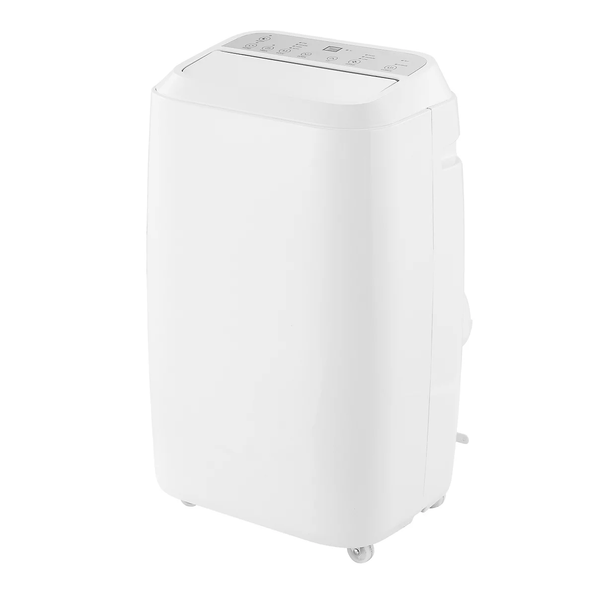 Climatiseur portable blanc. Panneau de commande sur le dessus, petites roulettes en bas.