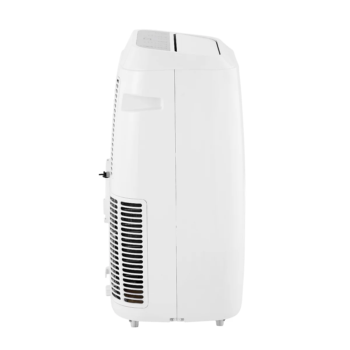 Vue latérale d'un climatiseur blanc, autonome. Fentes d'aération verticales, panneau de commande sur le dessus.